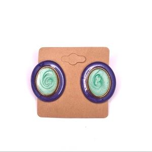 Green Purple Gold Oval Clip On Earrings
